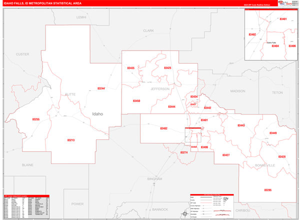 Idaho Falls Metro Area Wall Map Red Line Style